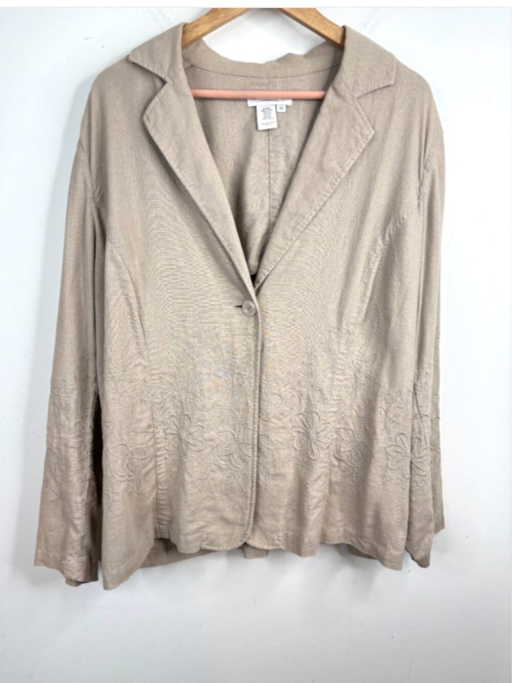 Coldwater Creek Linen Embroidered Blazer Jacket 2X  Beige Boho Lagenlook Neutral